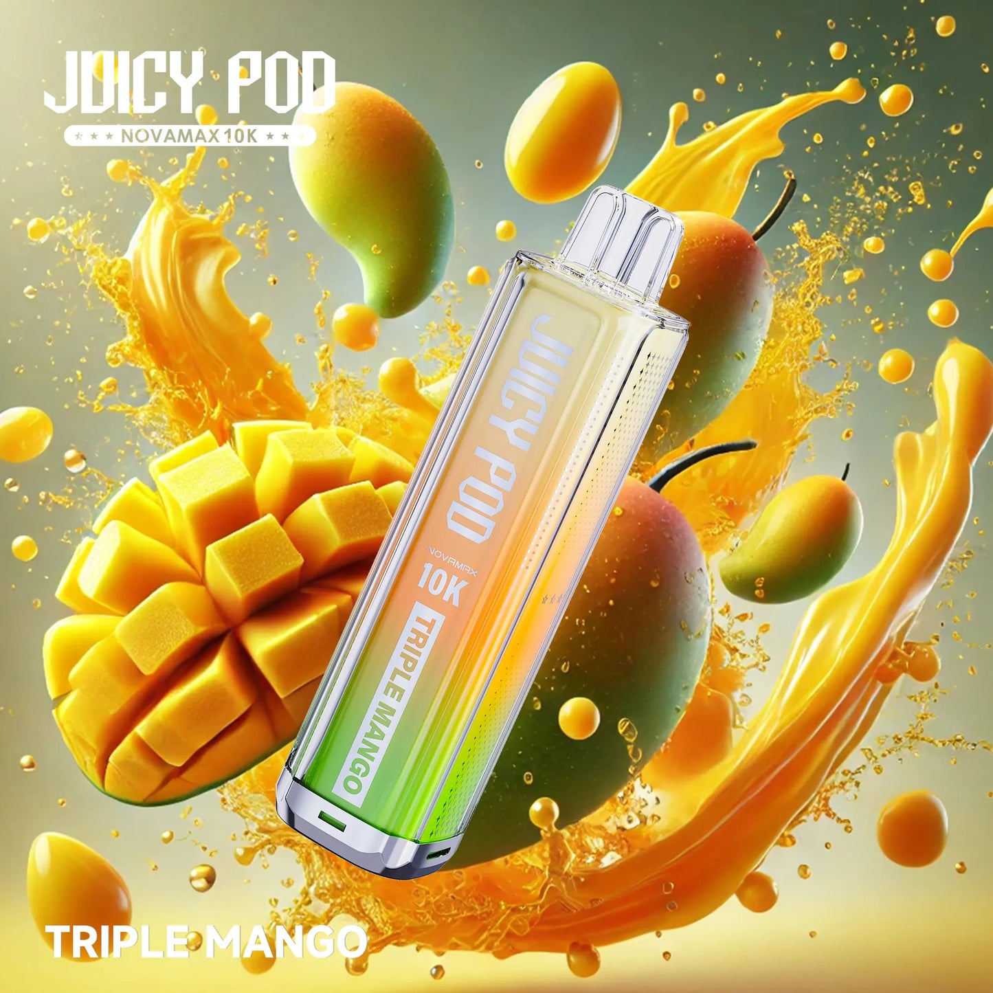 Juicy Pod Novamax 10K Puff Prefilled Pod Kit – Triple Mango Juicy Pod 10K flavor, featuring vibrant fruit explosions and sleek vape design with 10,000 puff capacity and smooth nicotine delivery