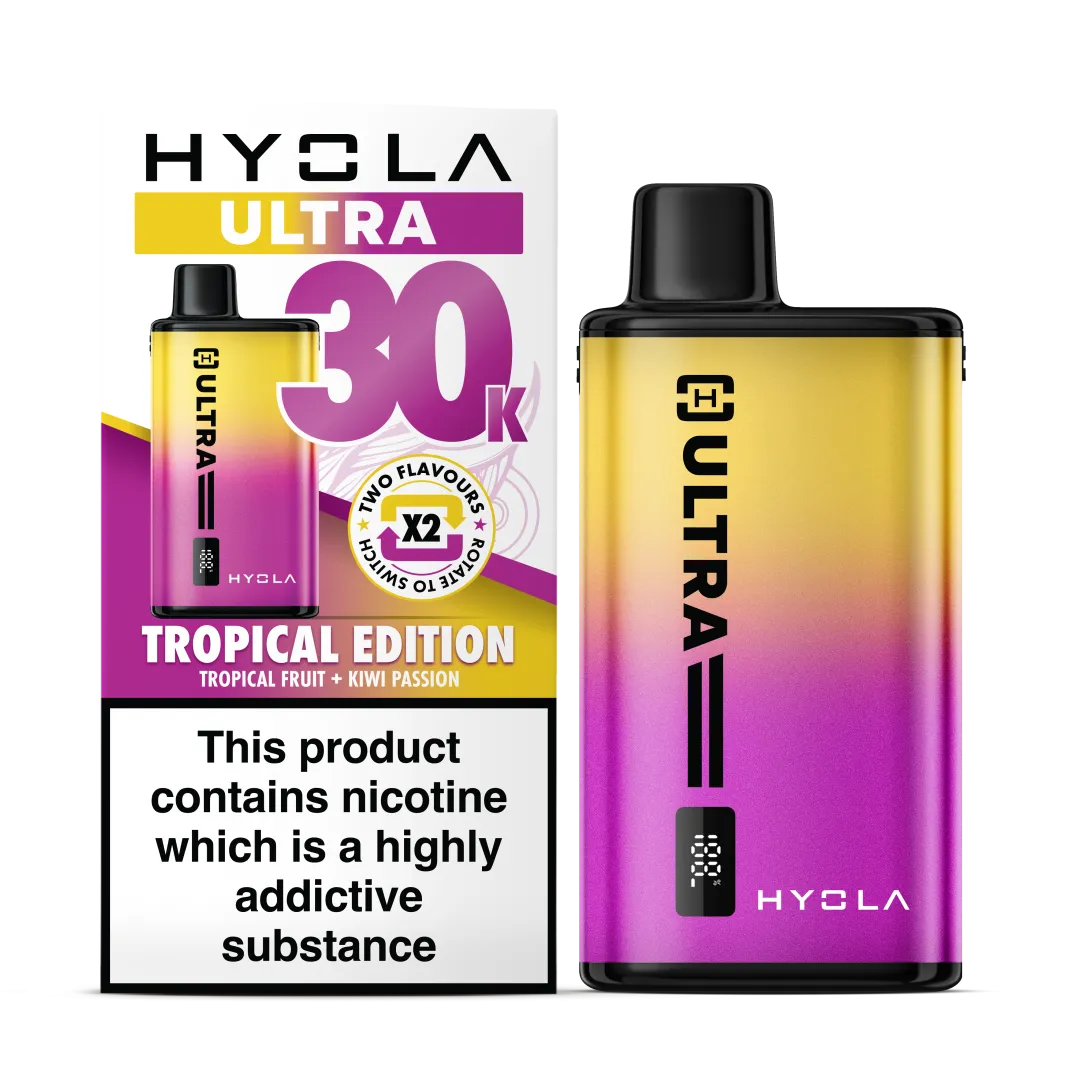 Tropical Edition Flavour Hyola Ultra 30k Puff Prefilled Pod Kit. Two Flavour Vape Tropical Fruit and Kiwi Passion