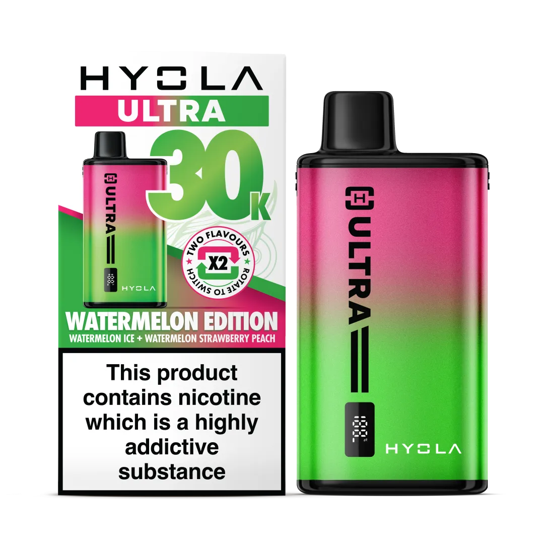 Watermelon Edition Flavour Hyola Ultra 30k Puff Prefilled Pod Kit. Two Flavour Vape Watermelon Ice and Watermelon Strawberry Peach