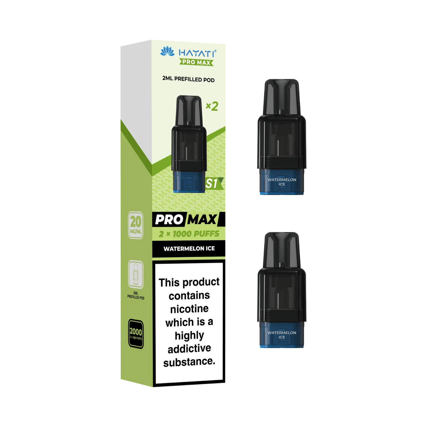 Watermelon ice flavour Hayati Pro Max S1 prefilled replacement pods. 2ml pods each pod 1000 puffs