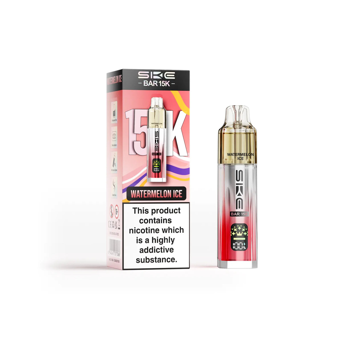 SKE vape device and packaging with 'Watermelon Ice' flavor on a white background