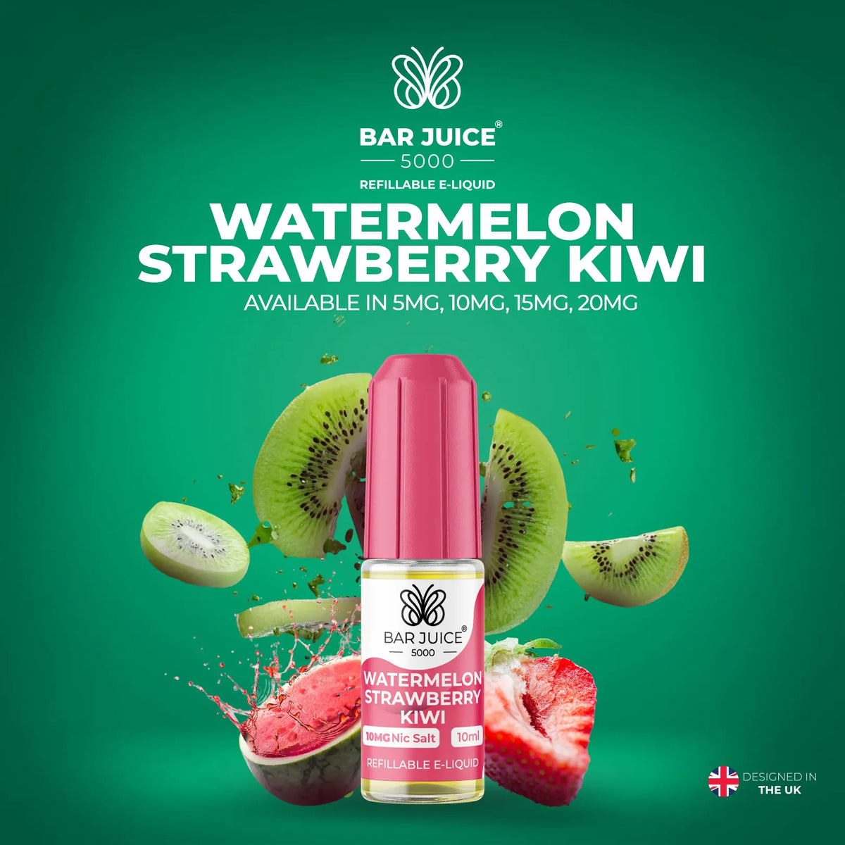 5mg, 10mg, 15mg and 20mg Watermelon Strawberry Kiwi Flavour Bar Juice 5000 Nic Salts E-liquid