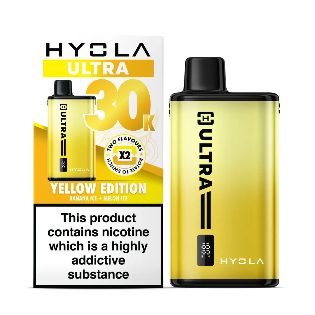 Yellow Edition Flavour Hyola Ultra 30k Puff Prefilled Pod Kit. Two Flavour Vape Banana Ice and Melon Ice