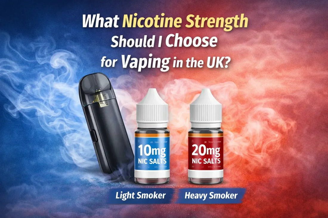 Nicotine strength guide UK showing 10mg and 20mg nicotine salts with pod vape kit