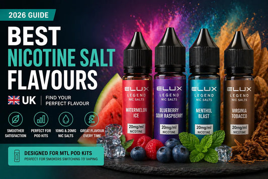 Best nicotine salt flavours UK 2026 banner featuring Elux nic salt e-liquids in watermelon ice, blueberry, menthol and tobacco flavours with fruit and ice elements.