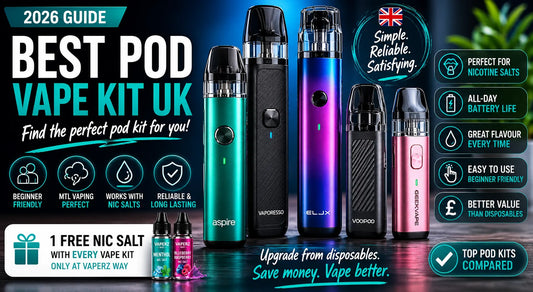 Best pod vape kit UK 2026 banner featuring refillable pod systems, nicotine salt compatibility, long battery life and free nic salt offer at Vaperz Way.