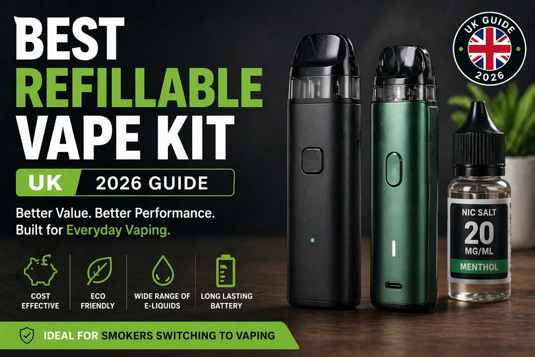 Best refillable vape kit UK 2026 banner featuring two modern pod vape devices and 20mg nicotine salt e-liquid, ideal for smokers switching from disposables.
