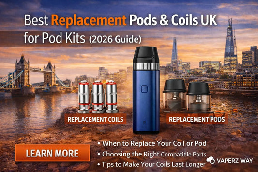 Best replacement pods and coils UK for pod kits showing vape device, spare coils and refillable pods