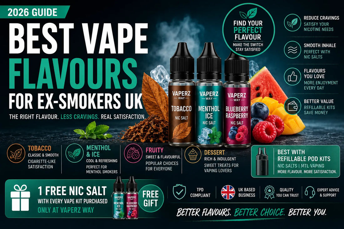 Best vape flavours for ex-smokers UK 2026 banner featuring tobacco, menthol and fruity nicotine salt flavours designed for smokers switching to vaping.