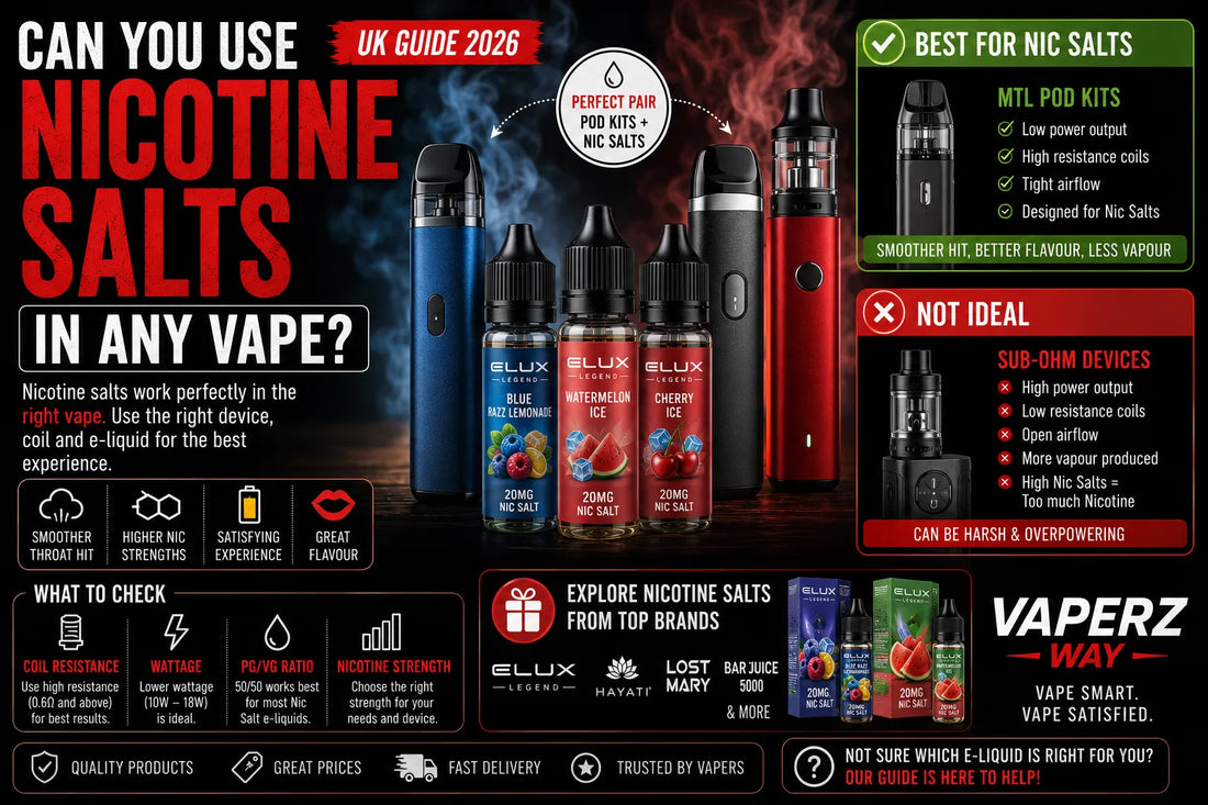 Can you use nicotine salts in any vape UK 2026 guide showing nicotine salt e-liquid bottles, MTL pod kits, sub-ohm devices, coil resistance, wattage, PG/VG ratio and nicotine strength.