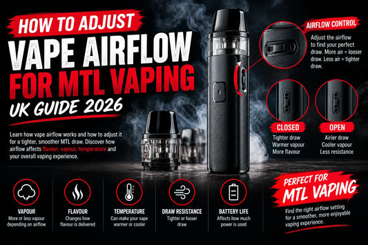 Vape airflow guide for MTL vaping showing how closed and open airflow settings affect draw, flavour, vapour and temperature.