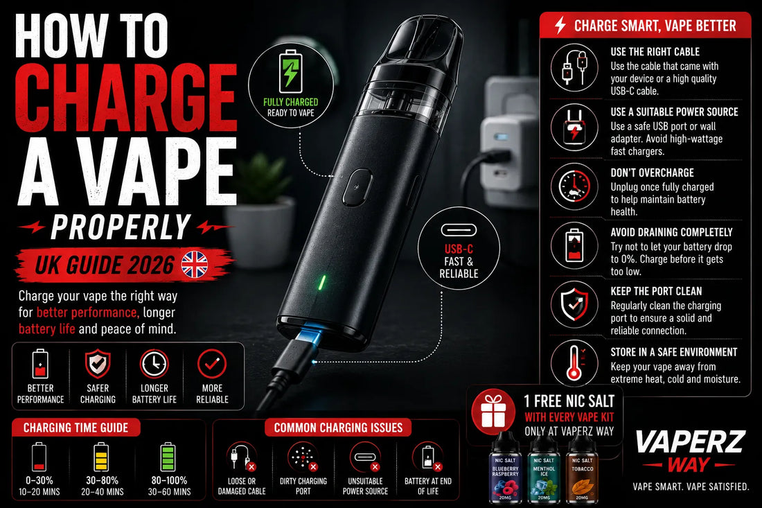 How to charge a vape properly UK 2026 guide banner showing a USB-C rechargeable refillable pod vape, safe charging tips, battery care, charging times and vape maintenance.