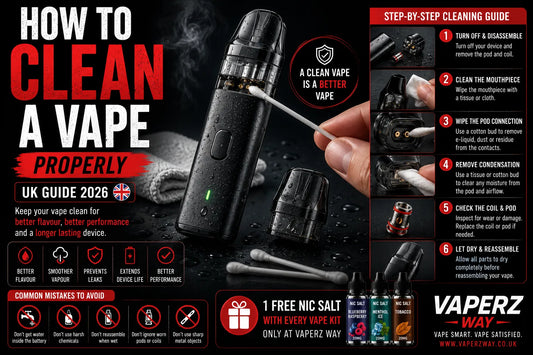 How to clean a vape properly UK 2026 guide banner showing a refillable pod vape being cleaned with a cotton bud, step-by-step vape maintenance, pod cleaning tips and improved device performance.