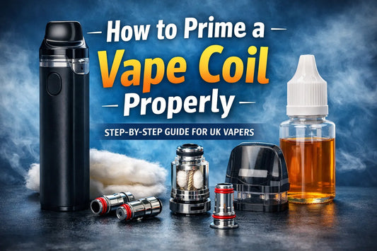 How to prime a vape coil properly UK step by step guide showing pod kit device, replacement coils and e-liquid bottle