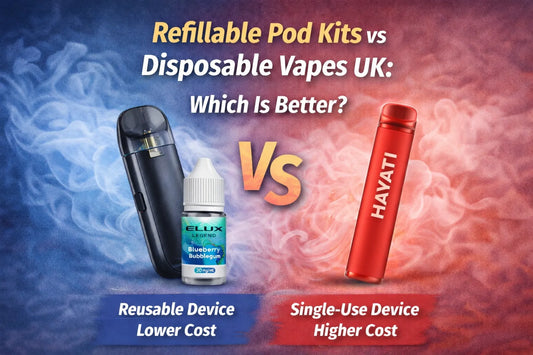Refillable pod kit vs disposable vape UK comparison showing reusable pod device with nicotine salts and Hayati disposable vape