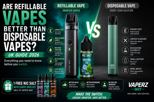 Are refillable vapes better than disposable vapes UK 2026 banner comparing pod vape kits, disposable vapes, nicotine salts, battery life and long-term value.