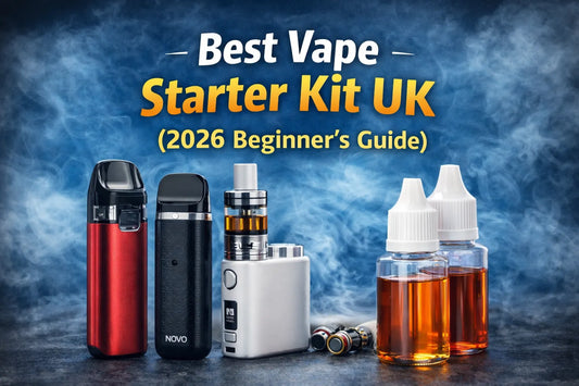 Best vape starter kit UK 2026 banner showing beginner-friendly pod kits and nicotine salt e-liquids, ideal for new vapers switching from disposable vapes.