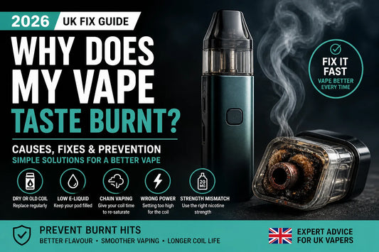 Why does my vape taste burnt UK 2026 guide banner showing pod vape device and burnt coil with smoke, highlighting causes, fixes and prevention tips.