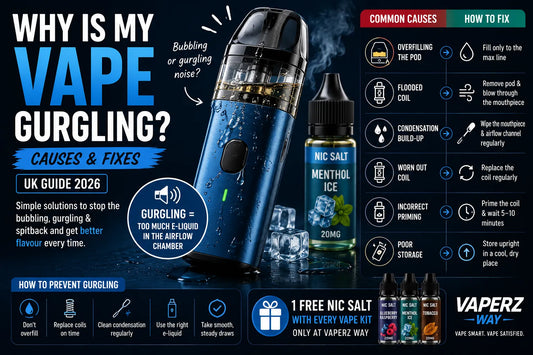 Why is my vape gurgling UK 2026 guide banner showing a refillable pod vape with a flooded coil, bubbling e-liquid, common causes, fixes and maintenance tips.
