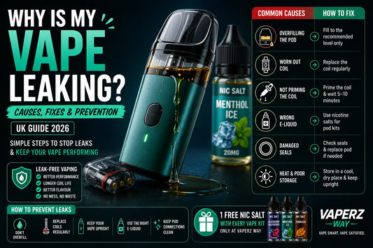 Why is my vape leaking UK 2026 guide banner showing a leaking refillable pod vape, common causes, leak prevention tips and nicotine salt pod kit maintenance