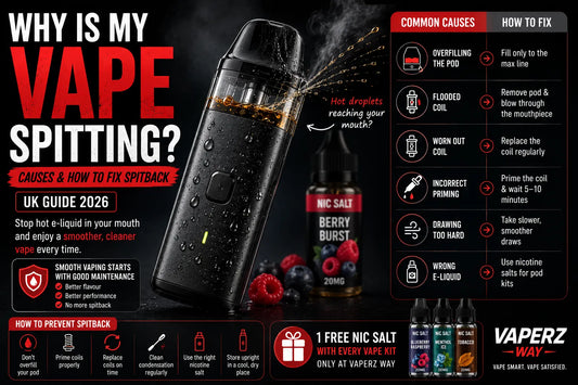 Why is my vape spitting UK 2026 guide banner featuring a refillable pod vape with spitback, flooded coil troubleshooting, nicotine salt pod kit maintenance and common fixes.
