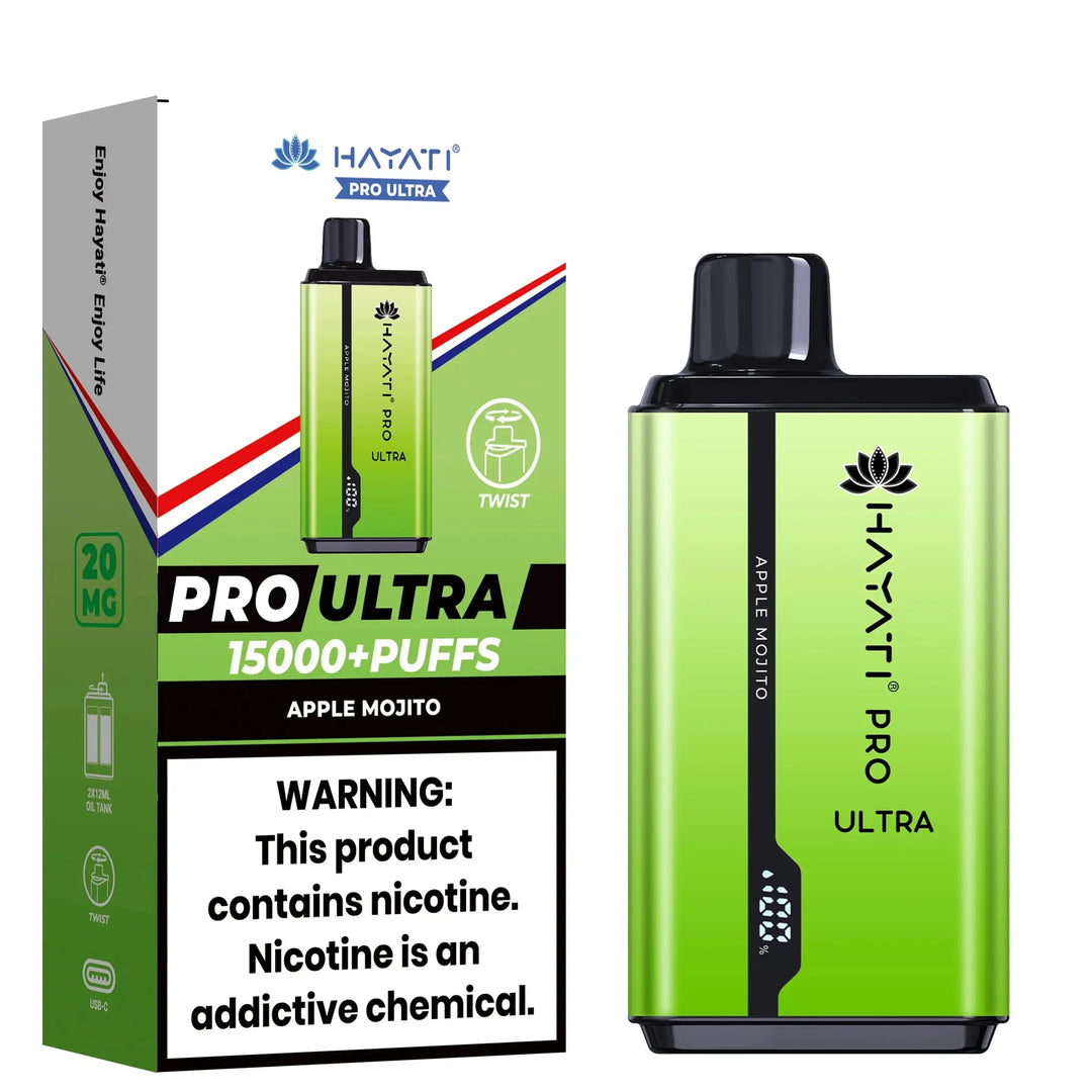 Hayati Pro Ultra 15000+ Puffs disposable vape in Apple Mojito flavor, characterized by its bright green and yellow color scheme on both the device and packaging.