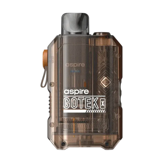 Aspire Gotek X Vape Kit in Translucent Amber. Compact 2ml Pod System with 0.8 ohm Mesh Coil. Stylish Refillable MTL Vape Device. TPD Compliant for UK Vapers