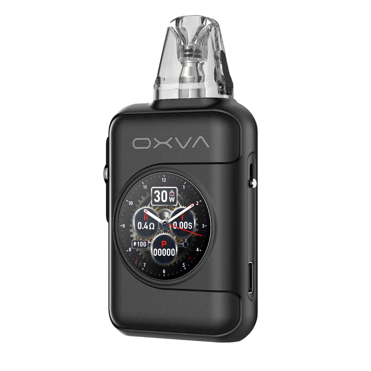 Oxva Xlim SQ Pro 2 Pod Kit in Black Leather showing a digital display