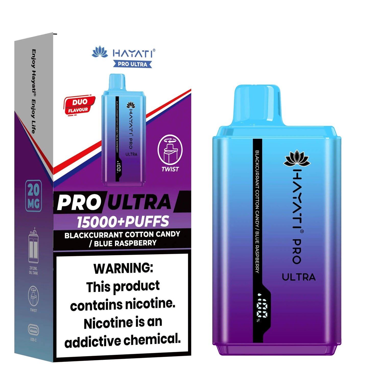 Hayati Pro Ultra 15000+ Puffs disposable vape in Blackcurrant Cotton Candy / Blue Raspberry flavor, with a blue and purple gradient design on the packaging and device.