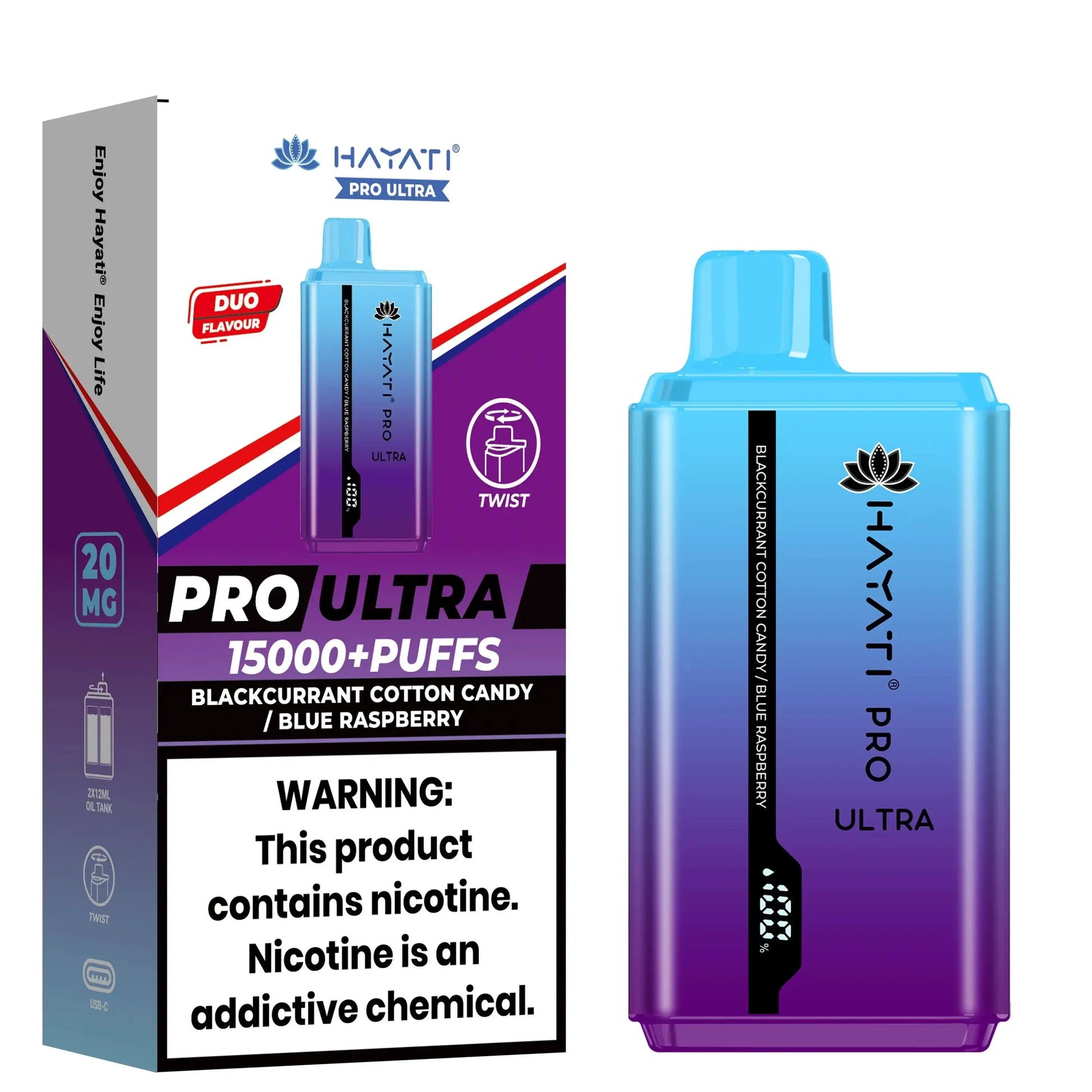 Hayati Pro Ultra 15000+ Puffs disposable vape in Blackcurrant Cotton Candy / Blue Raspberry flavor, with a blue and purple gradient design on the packaging and device.