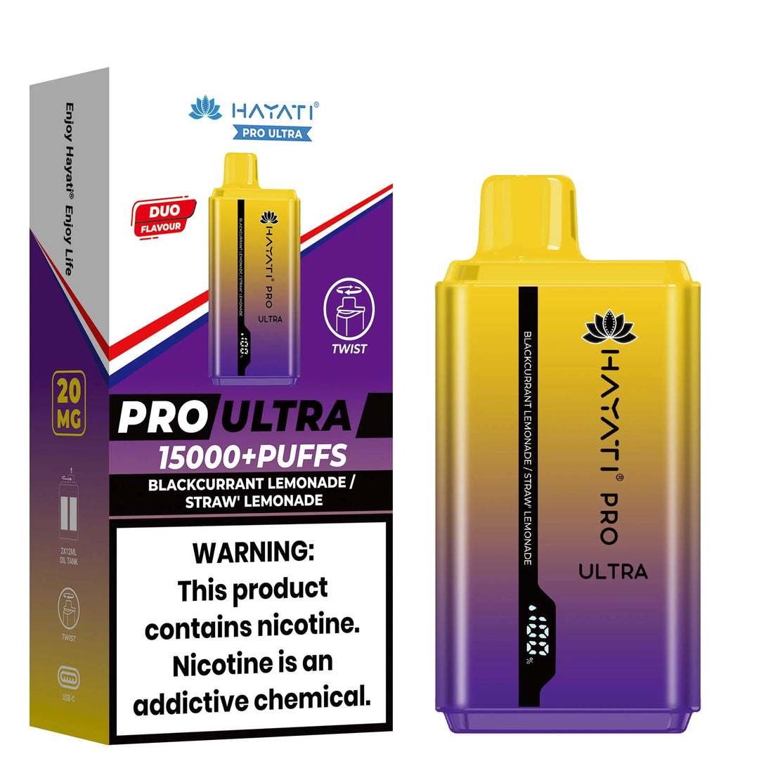 Hayati Pro Ultra 15000+ Puffs disposable vape in Blackcurrant Lemonade / Straw Lemonade flavor, shown in a yellow and purple packaging and device design.