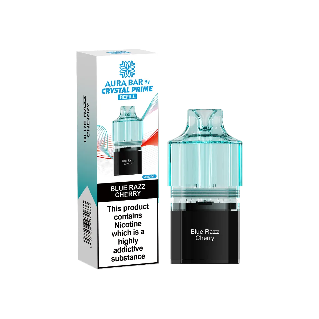blue razz cherry flavour aura bar by crystal prime 10k pre-filled replacement pods