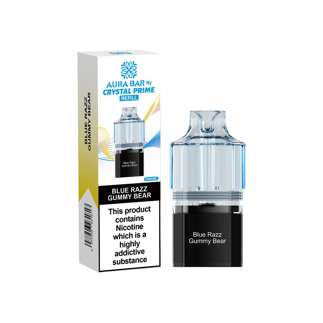blue razz gummy bear flavour aura bar by crystal prime 10k pre-filled replacement pods