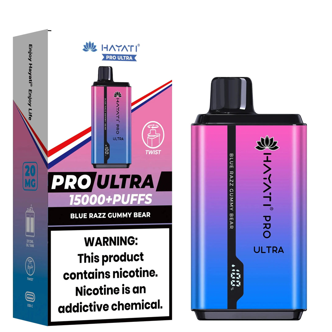 Hayati Pro Ultra 15000+ Puffs disposable vape in Blue Razz Gummy Bear flavor, with a striking pink and blue gradient design on the device and its packaging.