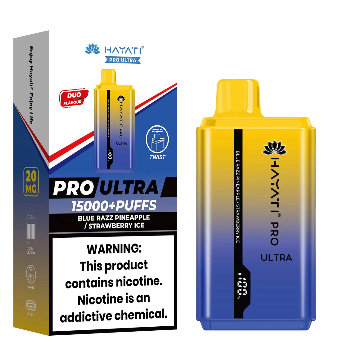 Hayati Pro Ultra 15000+ Puffs disposable vape in Blue Razz Pineapple / Strawberry Ice flavor, with a combination of yellow, red, and blue colors on the packaging and device.