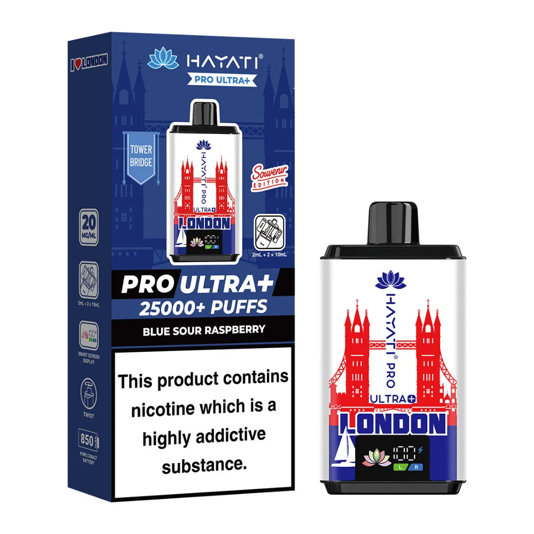 Blue Sour Raspberry flavour Hayati Pro Ultra 25K Puff Souvenir Edition with a Tower Bridge design