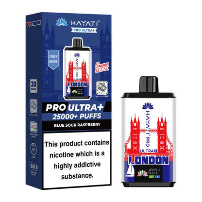 Blue Sour Raspberry flavour Hayati Pro Ultra 25K Puff Souvenir Edition with a Tower Bridge design
