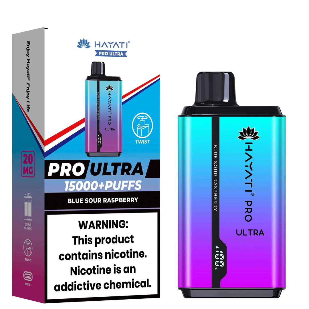 Hayati Pro Ultra 15000+ Puffs disposable vape in Blue Sour Raspberry flavor, showcasing a vibrant blue to purple gradient design on both the device and box.