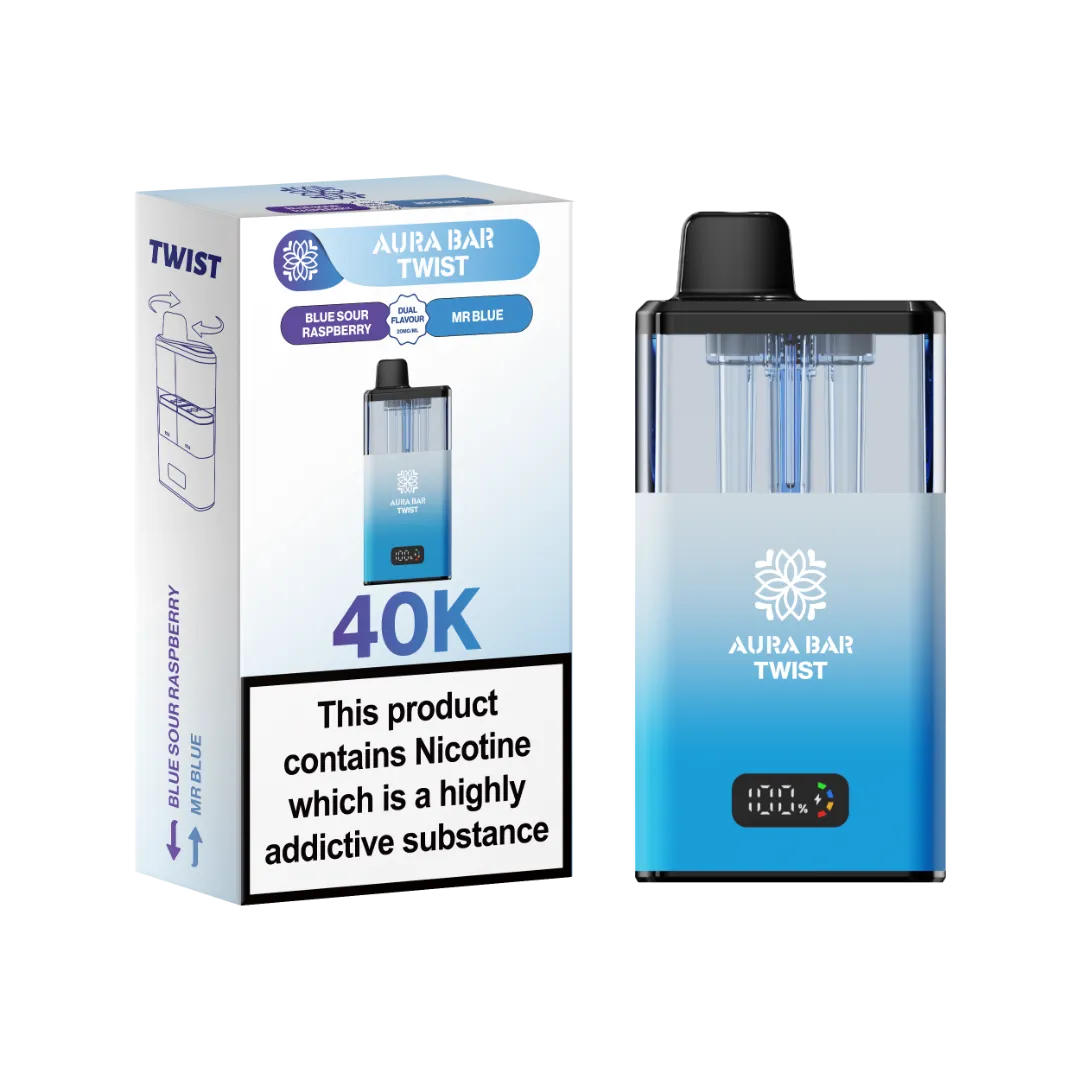 Blue Sour Raspberry and Mr Blue dual flavour vape by Crystal Prime Aura Bar Twist 40K Puff Vape