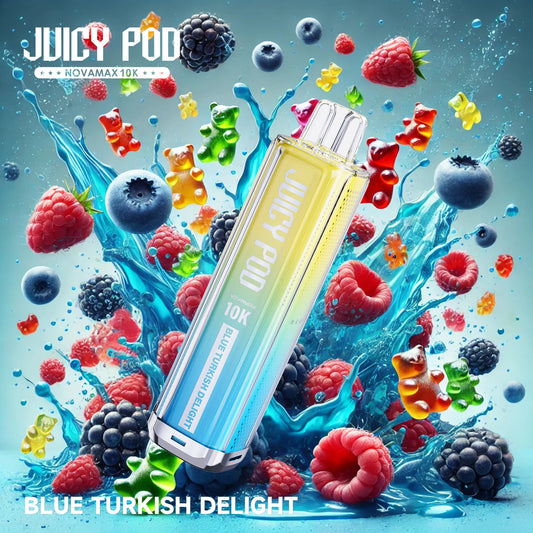Juicy Pod Novamax 10K Puff Prefilled Pod Kit – Blue Turkish Delight Juicy Pod 10K flavor with vibrant fruity splash visuals, premium vape device with intense taste and 10,000 puff capacity
