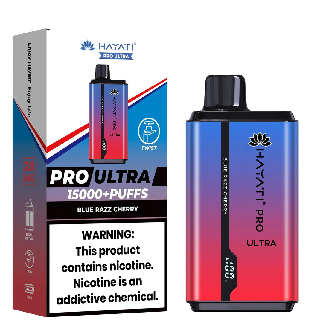 Hayati Pro Ultra 15000+ Puffs disposable vape in Blue Razz Cherry flavor, featuring a bold blue and red color theme on both the device and its box.