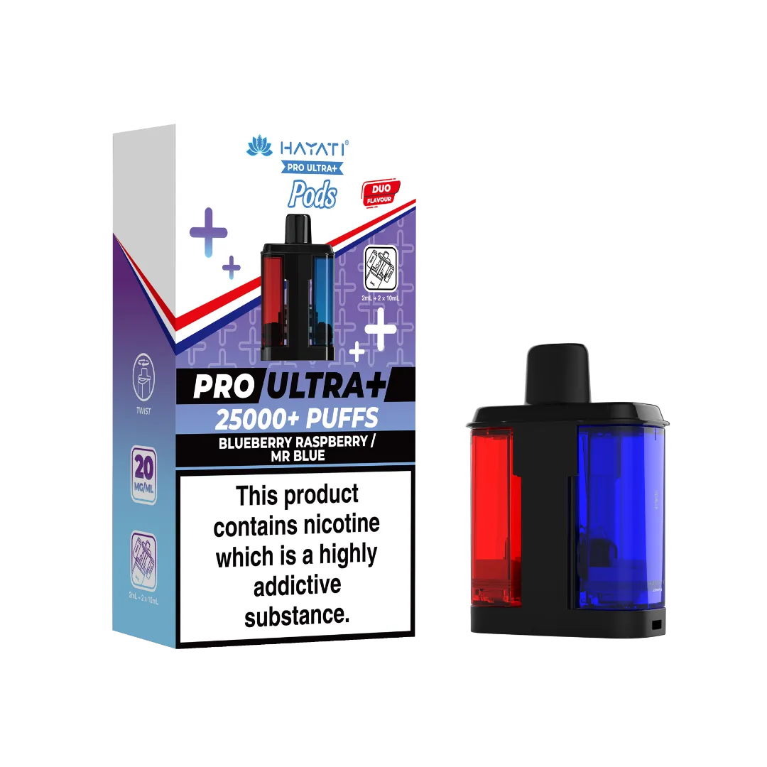 Blueberry Raspberry and Mr Blue dual flavour Hayati Pro Ultra Plus 25000 Pod Refills