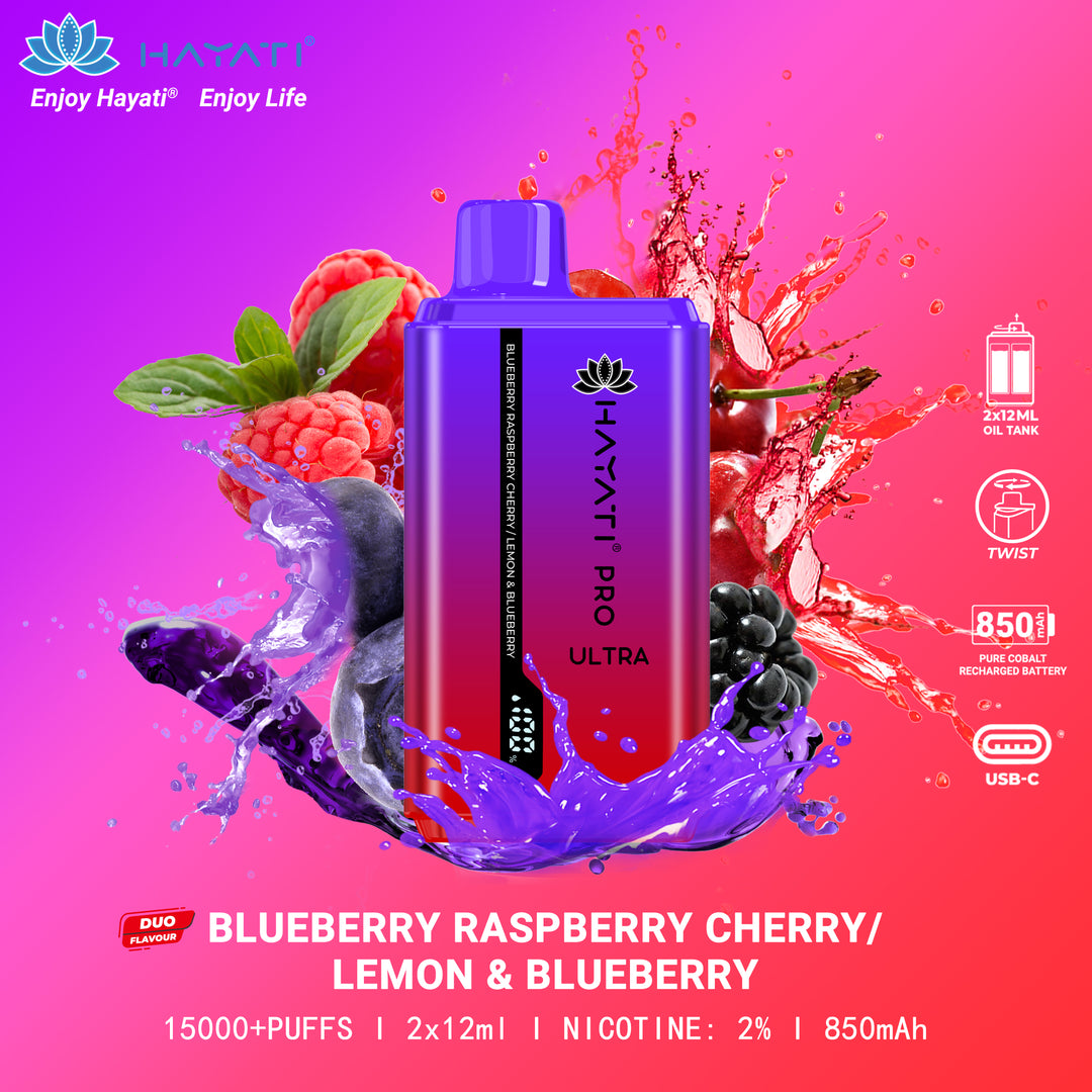 Blueberry Raspberry Cherry / Lemon Blueberry Hayati Pro Ultra 15K Puff Disposable Vape