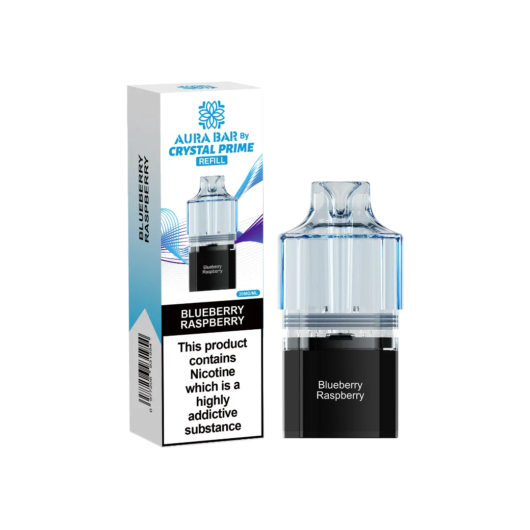 blueberry raspberry flavour aura bar by crystal prime 10k pre-filled replacement pods
