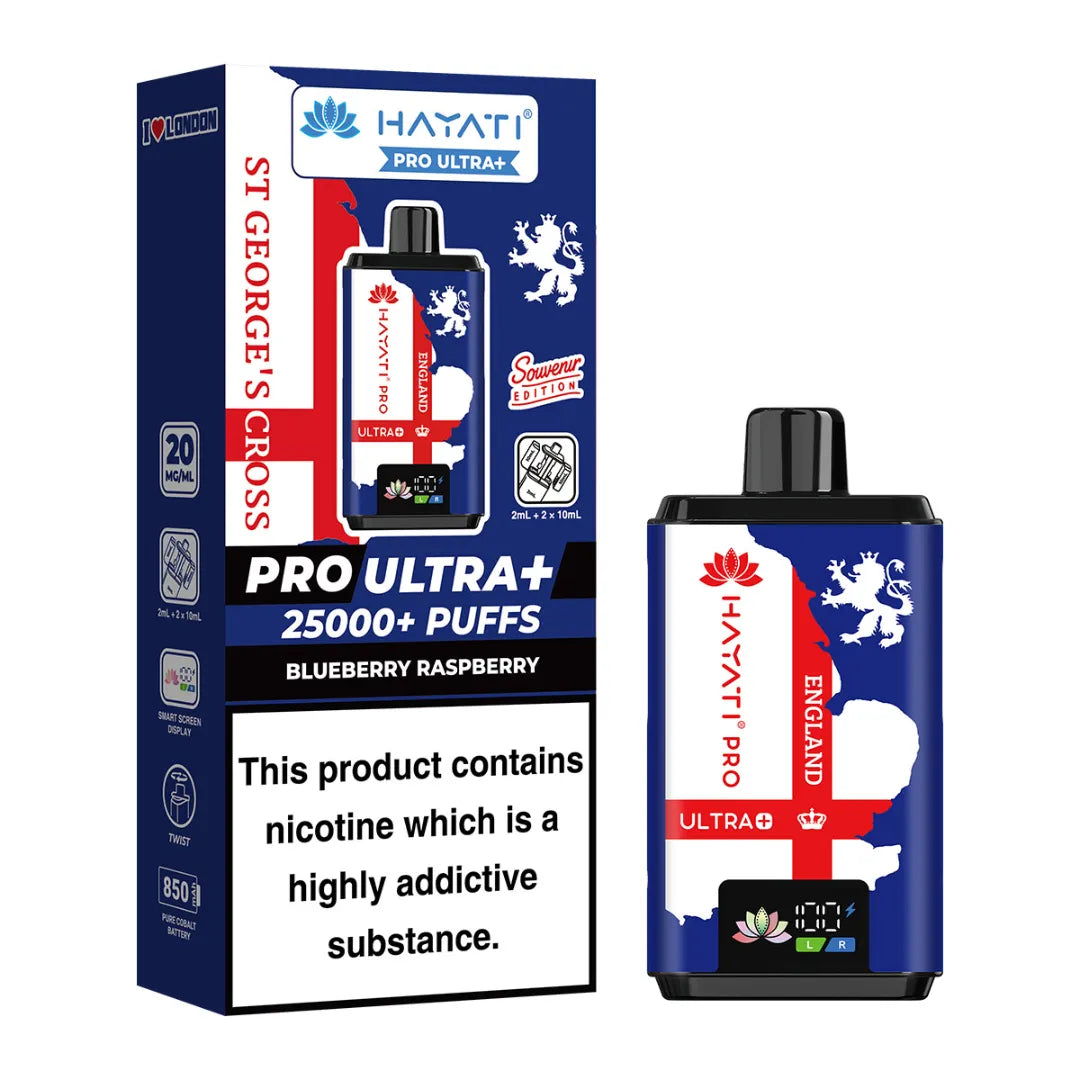St Georges Cross design on a Hayati Pro Ultra Plus vape kit in Blueberry Raspberry flavour