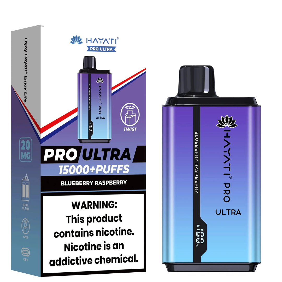 Hayati Pro Ultra disposable vape in Blueberry Raspberry flavor, featuring a violet and blue gradient on the device and packaging.