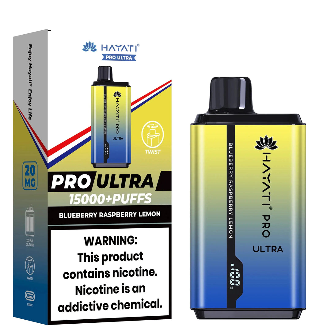 Hayati Pro Ultra 15000+ Puffs disposable vape in Blueberry Raspberry Lemon flavor, with a colorful blue, yellow, and red design on the device and packaging, highlighted with a warning about nicotine content.