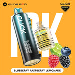 Load image into Gallery viewer, Close-up studio shot of a Pyne Pod Click starter kit, showcasing a dark blue vape pen labelled &quot;Blueberry Raspberry Lemonade&quot; and a clear bottle of the same flavoured e-liquid, alongside blueberries, raspberries, and a lemon slice.
