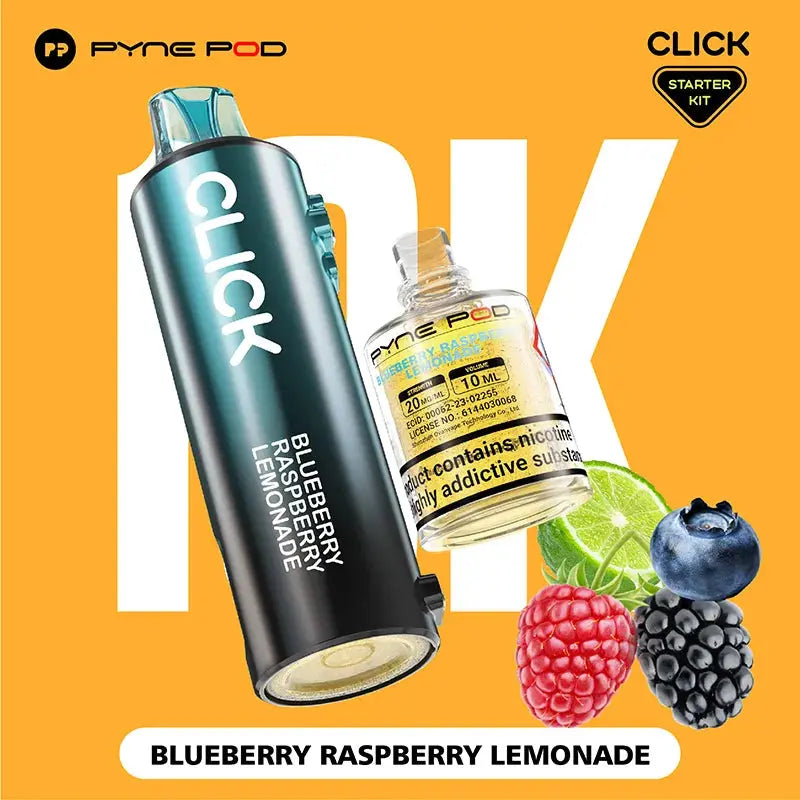 Close-up studio shot of a Pyne Pod Click starter kit, showcasing a dark blue vape pen labelled "Blueberry Raspberry Lemonade" and a clear bottle of the same flavoured e-liquid, alongside blueberries, raspberries, and a lemon slice.