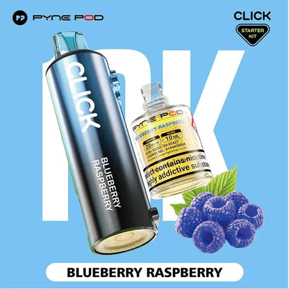 Close-up studio shot of a Pyne Pod Click starter kit, showing a dark blue vape pen with "Blueberry Raspberry" printed on the side, and a clear bottle of the same flavoured e-liquid, with a cluster of blueberries and raspberries in the foreground.